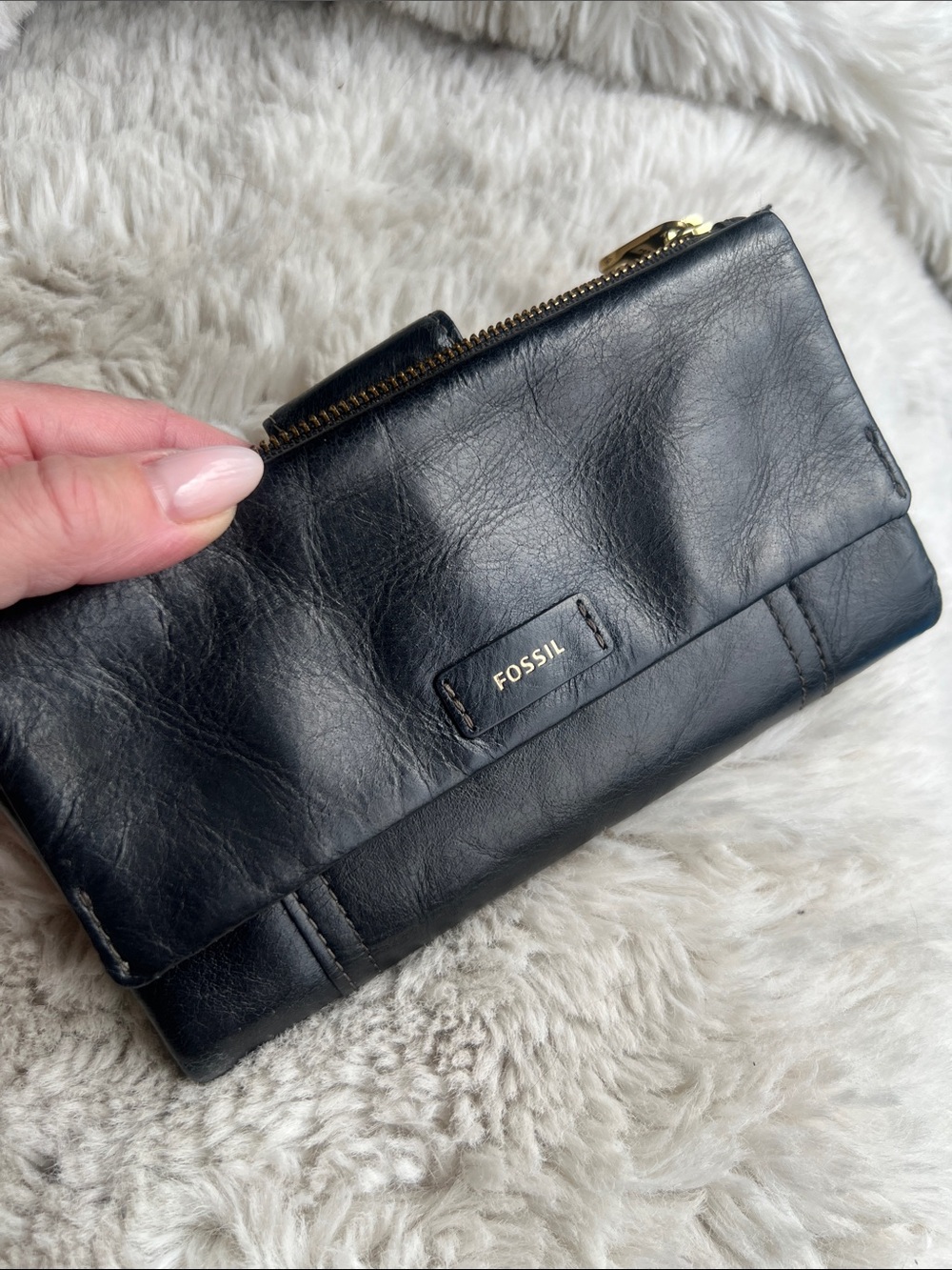 Fossil Black Leather Fold Wallet with Gold Trim